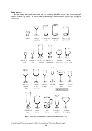 „Projekt współfinansowany ze środków Europejskiego Funduszu Społecznego”
28
Szkło barowe
Każdy napój najlepiej prezentuje się w gładkim, cienkim szkle, bez dekoracyjnych
ozdób, szlifów czy nacięć. W barze szkło powinno być zawsze czyste, błyszczące, bez plam
i zacieków.
Rys. 3. Przykłady szkła barowego [opracowanie na podstawie (21)]
 