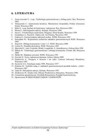 „Projekt współfinansowany ze środków Europejskiego Funduszu Społecznego”
52
6. LITERATURA
1. Arens-Azevedo U. i wsp.: Technologia gastronomiczna z obsługą gości. Rea, Warszawa
2002
2. Arkuszyński C.: Gastronomia hotelowa. Ministerstwo Gospodarki, Polskie Zrzeszenie
Hoteli, Warszawa 2001
3. Biller E. i wsp: Kucharz & Gastronom: vademecum. Rea, Warszawa 2001
4. Blome E.: Stół elegancko nakryty. Kaliope, Warszawa 1998
5. Incze C.: O kulturalnym zachowaniu. Diogenes, Świat Książki, Warszawa 1999
6. Goudchaux A., Pascal H.: Piękny stół. Ars Polonia, Warszawa 1993
7. Endress G.: Festiwal pięknie nakrytych stołów. WDM, Warszawa 1993
8. Jastrzębski W.: Wyposażenie techniczne zakładów gastronomicznych WSiP, Warszawa
2005
9. Jargoń R.: Obsługa konsumenta. Część 1 i 2. WSiP, Warszawa 2000
10. Leitner H.: Poradnik dla kelnera. WSiP, Warszawa 1993
11. Marcialis G. i inni: Cocktaile, Drinki, Longdrinki. E. Jarmołkiewicz, Zielona Góra 1996
12. Mikuta B.: Technologia gastronomiczna z obsługą konsumenta. Format AB, Warszawa
2000
13. Müller M.: Składanie serwetek. WDW, Warszawa 1991
14. Nowicki Z.: Nowe vademecum barmana. Galion, Gdynia 2000
15. Pietkiewicz E.: Przyjęcia w biznesie i nie tylko. Centrum Informacji Menadżera,
Warszawa 1995
16. Savawrin A.S.: Fizjologia smaku. PIW, Warszawa 1977
17. Stołecka D.: Technika usług w zakładach gastronomicznych poradnik kelnera. „Libra”,
Warszawa 1987
18. Taper H.: Stół pięknie nakryty. Kaliope, Warszawa 1997
19. Zienkiewicz R.: Sztuka wina. Oficyna Wydawnicza Alma-press, Warszawa 1996
20. Czasopisma specjalistyczne: Poradnik Restauratora, Przegląd Gastronomiczny
21. Opracowania WARSZAWSKIEJ SZKOŁY BARMANÓW
 
