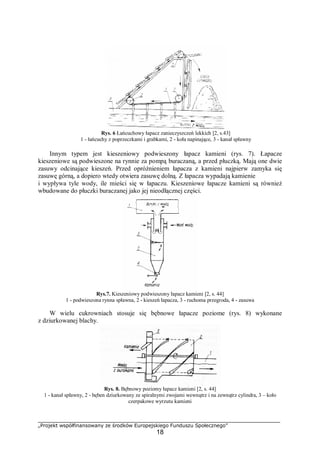 „Projekt współfinansowany ze środków Europejskiego Funduszu Społecznego”
18
Rys. 6 Łańcuchowy łapacz zanieczyszczeń lekkich [2, s.43]
1 - łańcuchy z poprzeczkami i grabkami, 2 - koła napinające, 3 - kanał spławny
Innym typem jest kieszeniowy podwieszony łapacz kamieni (rys. 7). Łapacze
kieszeniowe są podwieszone na rynnie za pompą buraczaną, a przed płuczką. Mają one dwie
zasuwy odcinające kieszeń. Przed opróżnieniem łapacza z kamieni najpierw zamyka się
zasuwę górną, a dopiero wtedy otwiera zasuwę dolną. Z łapacza wypadają kamienie
i wypływa tyle wody, ile mieści się w łapaczu. Kieszeniowe łapacze kamieni są również
wbudowane do płuczki buraczanej jako jej nieodłącznej części.
Rys.7. Kieszeniowy podwieszony łapacz kamieni [2, s. 44]
1 - podwieszona rynna spławna, 2 - kieszeń łapacza, 3 - ruchoma przegroda, 4 - zasuwa
W wielu cukrowniach stosuje się bębnowe łapacze poziome (rys. 8) wykonane
z dziurkowanej blachy.
Rys. 8. Bębnowy poziomy łapacz kamieni [2, s. 44]
1 - kanał spławny, 2 - bęben dziurkowany ze spiralnymi zwojami wewnątrz i na zewnątrz cylindra, 3 – koło
czerpakowe wyrzutu kamieni
 