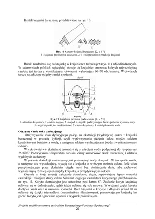 „Projekt współfinansowany ze środków Europejskiego Funduszu Społecznego”
20
Kształt krajanki buraczanej przedstawiono na rys. 10.
Rys. 10 Kształty krajanki buraczanej [2, s. 57]
1 - krajanka prawidłowa daszkowa, 2, 3 - nieprawidłowe przekroje krajanki
Buraki rozdrabnia się na krajankę w krajalnicach tarczowych (rys. 11) lub odśrodkowych.
W cukrowniach polskich najczęściej stosuje się krajalnice tarczowe, których najważniejszą
częścią jest tarcza z prostokątnymi otworami, wykonująca 60÷70 obr./minutę. W otworach
tarczy są założone od góry ramki z nożami.
Rys. 11 Krajalnica tarczowa podwieszona [2, s. 55]
1 - obudowa krajalnicy, 2 - osłona napędu, 3 - napęd, 4 - szpilki podtrzymujące buraki podczas wymiany noży,
5 - zsyp krajanki, 6 - ramki nożowe, 7 - tarcza krajalnicy, 8 - ułożyskowanie wału.
Otrzymywanie soku dyfuzyjnego
Otrzymywanie soku dyfuzyjnego polega na ekstrakcji (wydobyciu) cukru z krajanki
buraczanej w procesie dyfuzji, czyli wyrównywania stężenia cukru między sokiem
komórkowym buraków a wodą, a następnie sokiem wysładzającym (woda i wyekstrahowany
cukier).
W cukrownictwie ekstrakcję prowadzi się z użyciem wody podgrzanej do temperatury
75÷80o
C. Podwyższona temperatura narusza ściany komórkowe tkanki buraczanej i ułatwia
wydobycie sacharozy.
W procesie ekstrakcji zastosowany jest przeciwprąd wody i krajanki. W ten sposób woda,
a następnie sok wysładzający, stykają się z krajanką o wyższym stężeniu cukru. Ilość soku
przepływającego przez ekstraktor ciągły musi być dostatecznie duża, aby zachować
wystarczającą różnicę stężeń między krajanką, a przepływającym sokiem.
Obecnie w kraju pracują wyłącznie ekstraktory ciągłe, zapewniające lepsze warunki
ekstrakcji i mniejsze straty cukru. Schemat ciągłego ekstraktora korytowego przedstawiono
na rys. 12. Koryto ekstrakcyjne jest ustawione pod kątem 8o
. Zasilanie koryta krajanką
odbywa się w dolnej części, gdzie także odbiera się sok surowy. W wyższej części koryta
dopływa woda oraz są usuwane wysłodki. Ruch krajanki w korycie o długości ponad 20 m
odbywa się dzięki mieszadłom (przenośnikom ślimakowym), przesuwającym krajankę ku
górze. Koryto jest ogrzewane oparami z wyparek próżniowych.
 