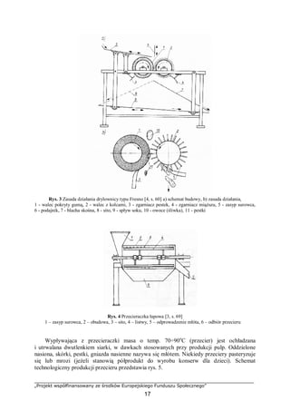 „Projekt współfinansowany ze środków Europejskiego Funduszu Społecznego”
17
Rys. 3 Zasada działania drylownicy typu Fresno [4, s. 60] a) schemat budowy, b) zasada działania,
1 - walec pokryty gumą, 2 - walec z kolcami, 3 - zgarniacz pestek, 4 - zgarniacz miąższu, 5 - zasyp surowca,
6 - podajnik, 7 - blacha skośna, 8 - sito, 9 - spływ soku, 10 - owoce (śliwka), 11 - pestki
Rys. 4 Przecieraczka łapowa [3, s. 69]
1 – zasyp surowca, 2 – obudowa, 3 – sito, 4 – listwy, 5 – odprowadzenie młóta, 6 – odbiór przecieru
Wypływająca z przecieraczki masa o temp. 70÷90o
C (przecier) jest ochładzana
i utrwalana dwutlenkiem siarki, w dawkach stosowanych przy produkcji pulp. Oddzielone
nasiona, skórki, pestki, gniazda nasienne nazywa się młótem. Niekiedy przeciery pasteryzuje
się lub mrozi (jeżeli stanowią półprodukt do wyrobu konserw dla dzieci). Schemat
technologiczny produkcji przecieru przedstawia rys. 5.
 