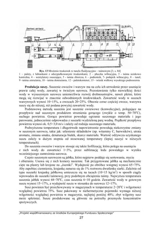 „Projekt współfinansowany ze środków Europejskiego Funduszu Społecznego”
27
Rys. 13 Mrożenie truskawek w tunelu fluidyzacyjno – taśmowym [3, s. 84]
1 – palety, z łubiankami z odszypułkowanymi truskawkami, 2 – płuczka wibracyjna, 3 - taśma ociekowo
kontrolna, 4 – wentylatory osuszające, 5 - taśma zbiorcza, 6 – podnośnik, 7- podajnik wibracyjny, 8 – tunel,
9 –taśma omrażania, 10 – taśma domrażania, 12 – paletokontener, 13 – wózek widłowy wysokiego podnoszenia
Produkcja suszy. Suszenie owoców i warzyw ma na celu ich utrwalenie przez usunięcie
prawie całej wody, zawartej w świeżym surowcu. Pozostawienie tylko niewielkiej ilości
wody w wysuszonym surowcu uniemożliwia rozwój drobnoustrojów, nawet pleśni, które
mogą się rozwijać w znacznie odwodnionych środowiskach. Zawartość wody w suszach
warzywnych wynosi 10÷15%, a owocach 20÷25%. Obecnie coraz częściej owoce, warzywa
suszy się do niższej, niż podana powyżej zawartość wody.
Podstawową metodą suszenia jest suszenie owiewowe (konwekcyjne), polegające na
przepływie nad suszonym produktem strumienia gorącego (zwykle o temp. 50÷70o
C),
suchego powietrza. Gorące powietrze powoduje ogrzanie suszonego materiału i jego
parowanie, jednocześnie odprowadza z suszarki wydzieloną parę wodną. Prędkość przepływu
powietrza wynosi ok. 0,5÷3,0 m/s i zależy od rodzaju suszonego materiału.
Podwyższona temperatura i długotrwałe napowietrzenie powodują niekorzystne zmiany
w suszonym surowcu, takie jak: utlenienie składników (np. witaminy C, barwników), utrata
aromatu, zmiana smaku, denaturacja białek, skurcz materiału. Wartość odżywcza uzyskanego
suszu zależy w dużym stopniu od stosowanej temperatury (lepiej suszyć w niższych
temperaturach).
Do suszenia owoców i warzyw stosuje się także liofilizację, która polega na usunięciu
z nich wody do zawartości 1÷3%, przez sublimację lodu powstałego w wyniku
wcześniejszego zamrożenia surowca.
Często suszonym surowcem są jabłka, które najpierw poddaje się sortowaniu, myciu
i obieraniu. Usuwa się z nich komory nasienne. Tak przygotowane jabłka są mechanicznie
cięte na plastry lub krojone na „ósemki”. Wydajność po obróbce wstępnej wynosi 65÷75%.
Aby zapobiec ciemnieniu, krajankę zanurza się do 1% roztworu dwutlenku siarki. Zależnie od
typu suszarki krajankę jabłkową umieszcza się na tacach (10÷15 kg/m2
) w sposób ciągły
wprowadza do suszarki taśmowej, przy podobnym obciążeniu taśmy. Najwyższa temperatura
suszenia jabłek wynosi 68÷70o
C, czas suszenia 6÷10 godzin. Zawartość wody w gotowym
suszu wynosi 15÷17%, a wydajność suszu w stosunku do surowca 12÷17%.
Susz powinien być przechowywany w magazynach w temperaturze 2÷20o
C i wilgotności
względnej powietrza 75%. Susz pakowany w niehermetyczne pojemniki wymaga niższej
wilgotności względnej powietrza w magazynie, najlepiej poniżej 40%; zbyt wilgotny susz
może spleśnieć. Susze produkowane są głównie na potrzeby przemysłu koncentratów
spożywczych.
 