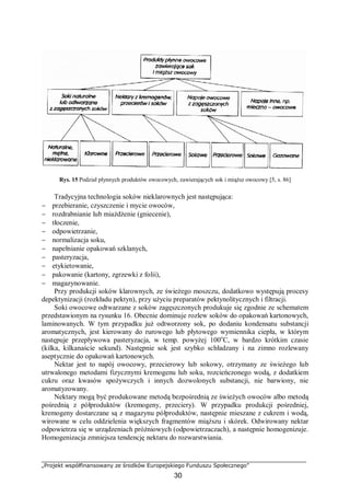 „Projekt współfinansowany ze środków Europejskiego Funduszu Społecznego”
30
Rys. 15 Podział płynnych produktów owocowych, zawierających sok i miąższ owocowy [5, s. 86]
Tradycyjna technologia soków nieklarownych jest następująca:
− przebieranie, czyszczenie i mycie owoców,
− rozdrabnianie lub miażdżenie (gniecenie),
− tłoczenie,
− odpowietrzanie,
− normalizacja soku,
− napełnianie opakowań szklanych,
− pasteryzacja,
− etykietowanie,
− pakowanie (kartony, zgrzewki z folii),
− magazynowanie.
Przy produkcji soków klarownych, ze świeżego moszczu, dodatkowo występują procesy
depektynizacji (rozkładu pektyn), przy użyciu preparatów pektynolitycznych i filtracji.
Soki owocowe odtwarzane z soków zagęszczonych produkuje się zgodnie ze schematem
przedstawionym na rysunku 16. Obecnie dominuje rozlew soków do opakowań kartonowych,
laminowanych. W tym przypadku już odtworzony sok, po dodaniu kondensatu substancji
aromatycznych, jest kierowany do rurowego lub płytowego wymiennika ciepła, w którym
następuje przepływowa pasteryzacja, w temp. powyżej 100o
C, w bardzo krótkim czasie
(kilka, kilkanaście sekund). Następnie sok jest szybko schładzany i na zimno rozlewany
aseptycznie do opakowań kartonowych.
Nektar jest to napój owocowy, przecierowy lub sokowy, otrzymany ze świeżego lub
utrwalonego metodami fizycznymi kremogenu lub soku, rozcieńczonego wodą, z dodatkiem
cukru oraz kwasów spożywczych i innych dozwolonych substancji, nie barwiony, nie
aromatyzowany.
Nektary mogą być produkowane metodą bezpośrednią ze świeżych owoców albo metodą
pośrednią z półproduktów (kremogeny, przeciery). W przypadku produkcji pośredniej,
kremogeny dostarczane są z magazynu półproduktów, następnie mieszane z cukrem i wodą,
wirowane w celu oddzielenia większych fragmentów miąższu i skórek. Odwirowany nektar
odpowietrza się w urządzeniach próżniowych (odpowietrzaczach), a następnie homogenizuje.
Homogenizacja zmniejsza tendencję nektaru do rozwarstwiania.
 