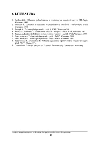 „Projekt współfinansowany ze środków Europejskiego Funduszu Społecznego”
46
6. LITERATURA
1. Berdowski J.: Obliczenia technologiczne w przetwórstwie owoców i warzyw. SIT. Spoż.,
Warszawa 1991
2. Frańczak S.: Aparatura i urządzenia w przetwórstwie owocowo – warzywnym. WSiP,
Warszawa 1990
3. Jarczyk A.: Technologia żywności – część 3. WSiP, Warszawa 2001
4. Jarczyk A., Berdowski J.: Przetwórstwo owoców i warzyw – część1. WSiP, Warszawa 1997
5. Jarczyk A., Berdowski J.: Przetwórstwo owoców i warzyw – część2. WSiP, Warszawa 1999
6. Praca zbiorowa: Technologia żywności – część 1.WSiP, Warszawa 2000
7. Praca zbiorowa: Technologia żywności – część 4.WSiP, Warszawa 2001
8. Zadernowski R., Oszmiański J.: Wybrane zagadnienia z przetwórstwa owoców i warzyw.
Wyd. AR-T, Olsztyn 1994
9. Czasopisma: Przemysł spożywczy, Przemysł fermentacyjny i owocowo – warzywny
 