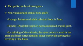  The grafts can be of two types:-
 Non vascularized cranial bone graft:-
-Average thickness of adult calvarial bone is 7mm.
-Parietal- Occipital region is nonvascularized cranial graft.
-By splitting of the calvaria, the outer cortex is used as the
graft and inner cortex remains intact to provide a protective
covering of the brain.
 