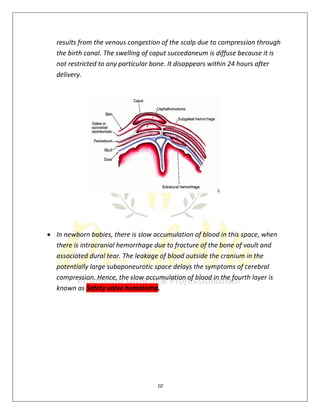 10
results from the venous congestion of the scalp due to compression through
the birth canal. The swelling of caput succedaneum is diffuse because it is
not restricted to any particular bone. It disappears within 24 hours after
delivery.
 In newborn babies, there is slow accumulation of blood in this space, when
there is intracranial hemorrhage due to fracture of the bone of vault and
associated dural tear. The leakage of blood outside the cranium in the
potentially large subaponeurotic space delays the symptoms of cerebral
compression. Hence, the slow accumulation of blood in the fourth layer is
known as Safety valve hematoma.
 