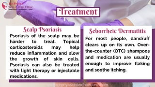 Treatment
Scalp Psoriasis
Psoriasis of the scalp may be
harder to treat. Topical
corticosteroids may help
reduce inflammation and slow
the growth of skin cells.
Psoriasis can also be treated
with light therapy or injectable
medications.
For most people, dandruff
clears up on its own. Over-
the-counter (OTC) shampoos
and medication are usually
enough to improve flaking
and soothe itching.
www.drpriyaskinandhairclinic.com
Seborrheic Dermatitis
 