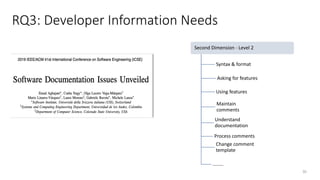RQ3: Developer Information Needs
30
Second Dimension - Level 2
Syntax & format
Asking for features
Using features
Maintain
comments
Understand
documentation
Process comments
Change comment
template
........
 