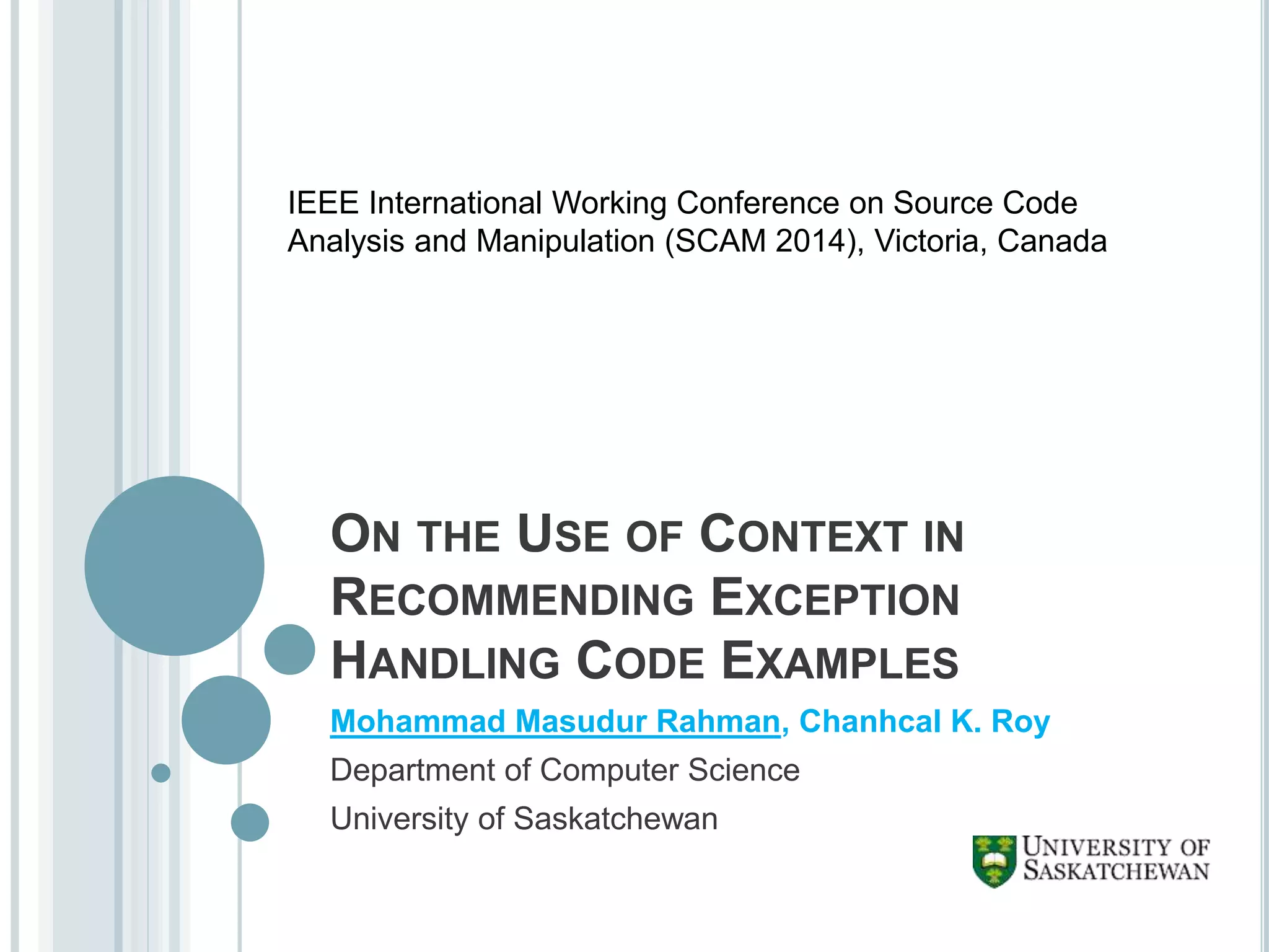 SurfExample- Recommendation of Exception Handling Code Examples | PPT
