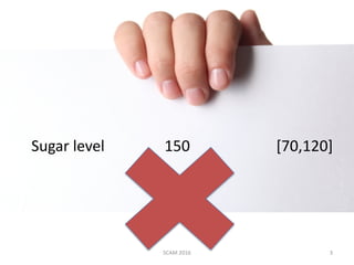 SCAM	2016 3
Sugar	level																150																							[70,120]
 