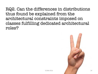 RQ2. Can the differences in distributions
thus found be explained from the
architectural constraints imposed on
classes fulfilling dedicated architectural
roles?
SCAM	2016 34
 