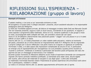 RIFLESSIONI SULL’ESPERIENZA –
RIELABORAZIONE (gruppo di lavoro)
Esempio di Cronaca:
È sabato mattina, e con aria un po’ assonnata entriamo al nido.
Ad accoglierci c’è quasi tutto il collegio educatori presente, alcuni assistenti educativi e la responsabile
pedagogica Dott.ssa Pellegrino.
La Dott.ssa Trombetta appena arrivati, dà lettura al messaggio inviatoci dalla Dott.ssa Manuela Cecotti
che non essendo presente, augura a tutti un buon lavoro, ricordando di non giudicare. In seguito ci
viene esposto il programma della mattinata. Verso le 9.15, veniamo suddivise in due gruppi e inizia
la visita, accompagnate dalle colleghe del nido, per prendere visione dei vari spazi.
Verso le 10.30 abbiamo ulteriormente reso piacevole questo “ viaggio” con una pausa in cui ci è stato
offerto un buon caffè e un dolce.
Intorno alle ore 11, ci è stato presentato un video redatto dalle educatrici, relativo al momento
del pasto, preceduto da un breve discorso di ringraziamento della R.P. Pellegrino che ha ringraziato
il proprio collegio per il lavoro effettuato e da parte nostra ne è seguito un applauso di conferma.
Terminato il video, si è dato spazio alle impressioni verbalizzate da alcune di noi; in particolare
ne emerge una di ringraziamento per l’accoglienza e la cura prestata a questo primo incontro di
“scambi e confronti”, mettendo in evidenza il particolare del tavolino posto all’ingresso del nido che
esprime da solo un messaggio di benvenuto a noi visitatori.
Durante questo momento di riflessione abbiamo avuto modo di esprimere domande con conseguenti
risposte che hanno centrato l’obiettivo prefissato. Le domande sono state varie, alcune legate
alle routine, altre all’uso del materiale di recupero e uso degli spazi e altre alla verticalità.
La mattinata è terminata facendo notare l’importanza di questa esperienza che arricchisce tutti coloro
che vi partecipano, visitatori e visitati.
La visita si è conclusa intorno alle 13, dandoci appuntamento all’incontro del 12 aprile.
 