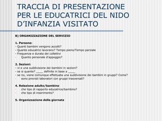TRACCIA DI PRESENTAZIONE
PER LE EDUCATRICI DEL NIDO
D’INFANZIA VISITATO
B) ORGANIZZAZIONE DEL SERVIZIO
1. Persone:
- Quanti bambini vengono accolti?
- Quante educatrici lavorano? Tempo pieno/Tempo parziale
- Frequenza e durata dei collettivi
- Quanto personale d'appoggio?
2. Sezioni:
- vi e una suddivisione dei bambini in sezioni?
- se si quante? ____ definite in base a ____
- se no, viene comunque effettuata una suddivisione dei bambini in gruppi? Come?
- sono previsti laboratori con gruppi trasversali?
4. Relazione adulto/bambino
- che tipo di rapporto educatrice/bambino?
- che tipo di inserimento?
5. Organizzazione della giornata
 