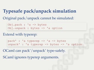 Typesafe pack/unpack simulation
Original pack/unpack cannot be simulated:
Extend with typerep:
OCaml can pack’/unpack’ type-safely.
SCaml ignores typerep arguments.
Obj.pack : 'a ­> bytes 
Obj.unpack : bytes ­> 'a option
pack' : 'a typerep ­> 'a ­> bytes 
unpack' : 'a typerep ­> bytes ­> 'a option
 