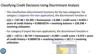 Classifying Credit Decisions Using Discriminant Analysis
- The classification (discriminant) functions for the two categories. For
category 1 (approve the loan application), the discriminant function is
- L(1) = −137.48 + 32.295 × homeowner + 0.286 × credit score + 0.833 ×
years of credit history + 0.00010274 × revolving balance + 128.248 ×
revolving utilization
- For category 0 (reject the loan application), the discriminant function is
- L(0) = −157.2 + 30.747 × homeowner + 0.289 × credit score + 0.473 × years
of credit history + 0.0004716 × revolving balance + 167.7 × revolving
utilization
28
 