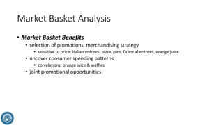 Market Basket Analysis
• Market Basket Benefits
• selection of promotions, merchandising strategy
• sensitive to price: Italian entrees, pizza, pies, Oriental entrees, orange juice
• uncover consumer spending patterns
• correlations: orange juice & waffles
• joint promotional opportunities
 