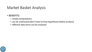 Market Basket Analysis
• BENEFITS:
• simple computations
• can be undirected (don’t have to have hypotheses before analysis)
• different data forms can be analyzed
 