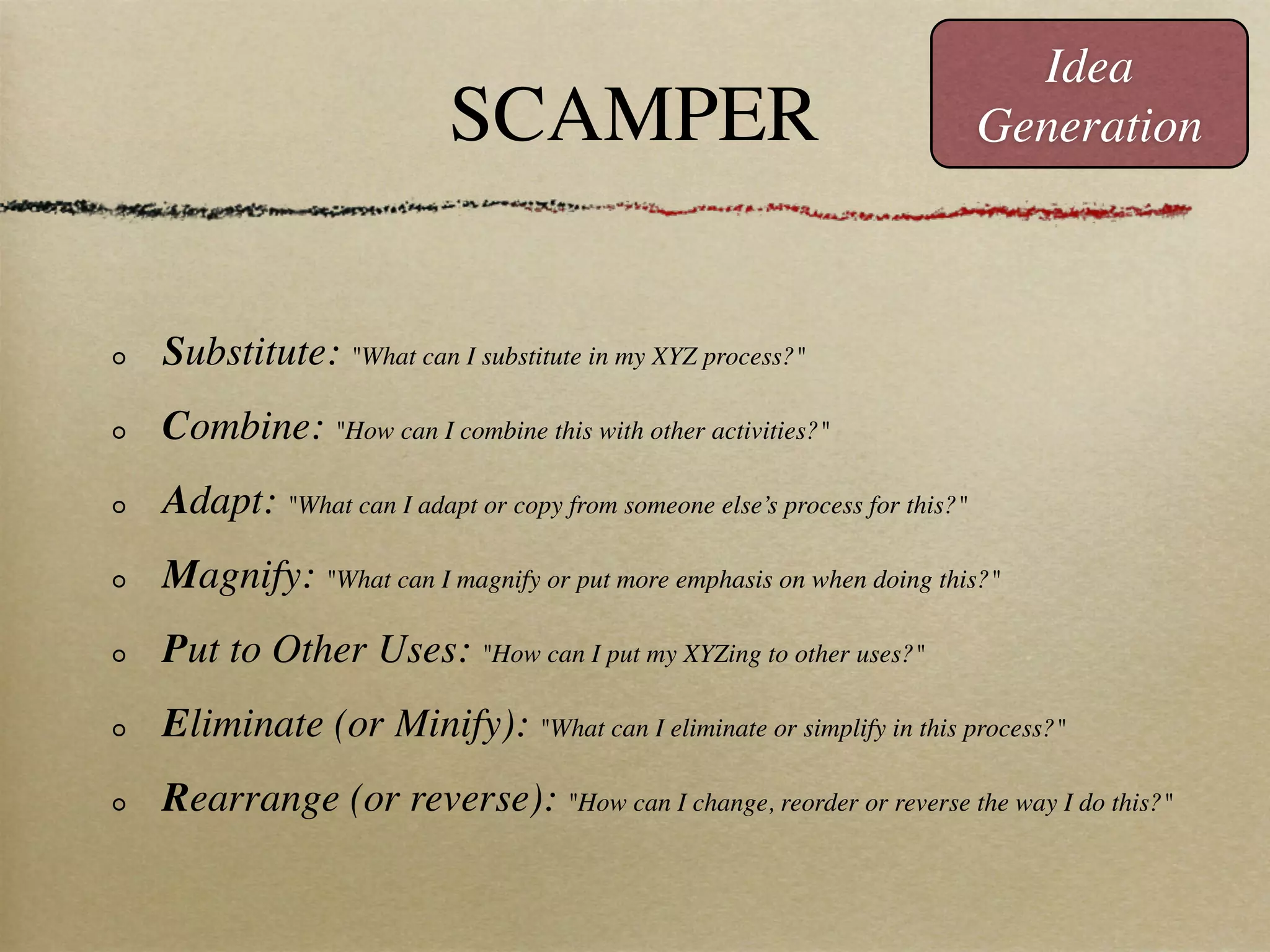 Idea
SCAMPER Generation
Substitute: "What can I substitute in my XYZ process?"
Combine: "How can I combine this with other activities?"
Adapt: "What can I adapt or copy from someone else’s process for this?"
Magnify: "What can I magnify or put more emphasis on when doing this?"
Put to Other Uses: "How can I put my XYZing to other uses?"
Eliminate (or Minify): "What can I eliminate or simplify in this process?"
Rearrange (or reverse): "How can I change, reorder or reverse the way I do this?"
