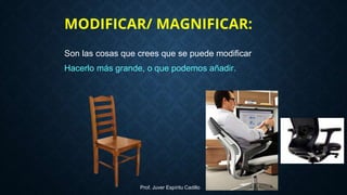 MODIFICAR/ MAGNIFICAR:
Son las cosas que crees que se puede modificar
Hacerlo más grande, o que podemos añadir.
Prof. Juver Espíritu Cadillo
 