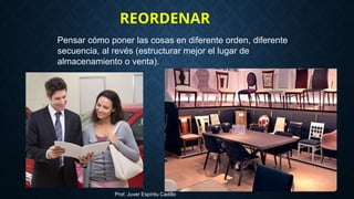 Pensar cómo poner las cosas en diferente orden, diferente
secuencia, al revés (estructurar mejor el lugar de
almacenamiento o venta).
REORDENAR
Prof. Juver Espíritu Cadillo
 