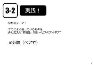 実践！
発想のテーマ：
すでによく使っているものを
少し変えた“新製品・新サービスのアイデア”
10分間（ペアで）
3-2
9
 