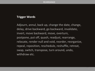Trigger Words
Adjourn, annul, back up, change the date, change,
delay, drive backward, go backward, invalidate,
invert, move backward, move, overturn,
postpone, put off, quash, readjust, rearrange,
relocate, render null and void, reorder, reorganize,
repeal, reposition, reschedule, reshuffle, retreat,
swap, switch, transpose, turn around, undo,
withdraw etc.
REARRANGE
 
