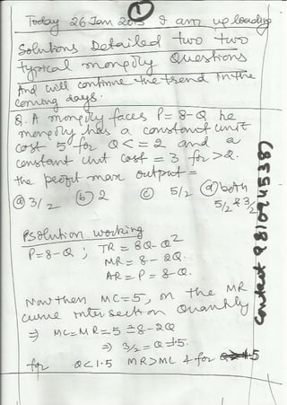  DELHI SCHOOL ECONOMICS  solutions DSE ; HYDERABAD ; DETAILED SOLUTION  MONOPOLY