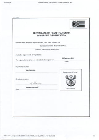 Certificate - COMETSA Friends & Supporters Club NPO