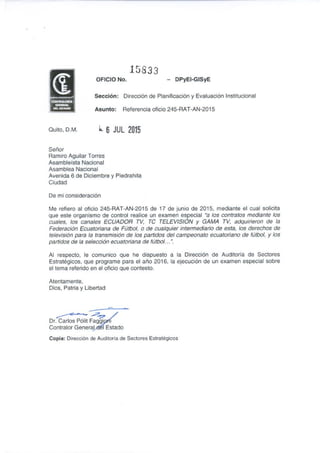 Contestación Contraloría General del Estado al pedido de Auditoría a los contratos de derechos de televisión de fútbol 