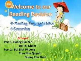 Group 6:
Part 1: Hoang Hai Yen
Do Thi Nham
Part 2: Bui Bich Phuong
Tran Nhu Quynh
Duong Thu Thao
 