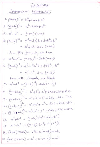 Algebra Important Formulae -x std