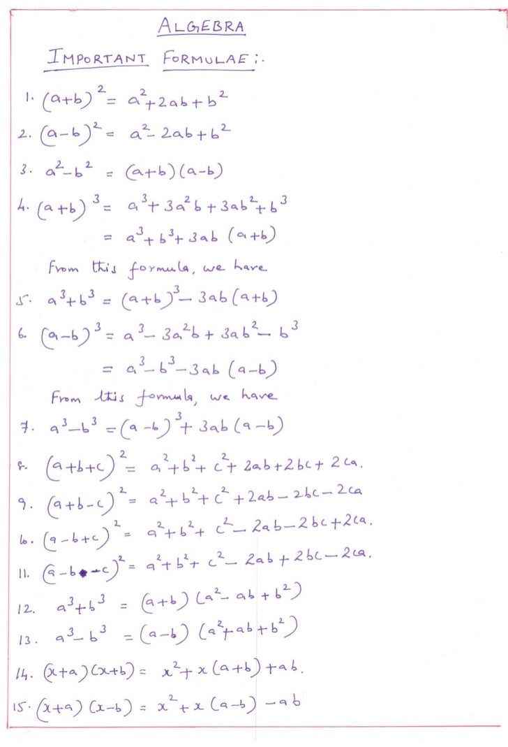 algebra important formulae x std algebra formula chart