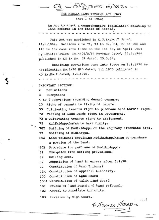 A Note On Kerala Land Reforms Act