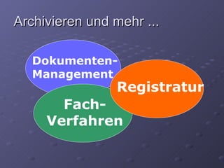 Archivieren und mehr ...

   Dokumenten-
   Management
                Registratur
       Fach-
     Verfahren
 