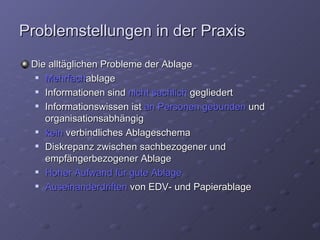 Problemstellungen in der Praxis
 Die alltäglichen Probleme der Ablage
   Mehrfachablage

   Informationen sind nicht sachlich gegliedert

   Informationswissen ist an Personen gebunden und

    organisationsabhängig
   kein verbindliches Ablageschema

   Diskrepanz zwischen sachbezogener und

    empfängerbezogener Ablage
   Hoher Aufwand für gute Ablage

   Auseinanderdriften von EDV- und Papierablage
 