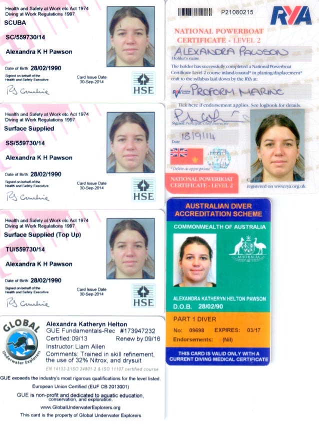 Qualification ID Cards HSE Scuba HSE Surface Supplied HSE Surface