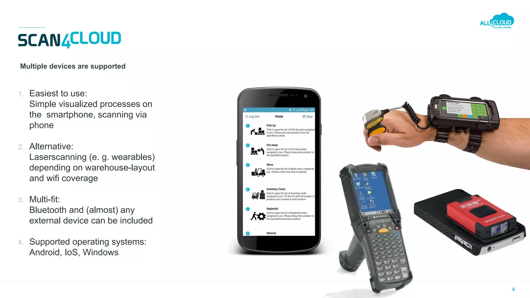 4
1. Easiest to use:
Simple visualized processes on
the smartphone, scanning via
phone
2. Alternative:
Laserscanning (e. g. wearables)
depending on warehouse-layout
and wifi coverage
3. Multi-fit:
Bluetooth and (almost) any
external device can be included
4. Supported operating systems:
Android, IoS, Windows
Multiple devices are supported
 