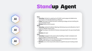 Standup
AI
AI
AI
Dom:
• Yesterday: Worked on updating the Q3 APAC events page and added some
comments on the DevOps Advocacy reflection.
• Today: Planning to finalize the event marketing strategy and start drafting the
new campaign emails.
• Blockers: None at the moment!
Mark:
• Yesterday: Updated the Better Meetings Workshop issue and reflected on the H1
FY25 as a Modern Work Coach.
• Today: Focusing on the Work4.0 Podcast and preparing for the upcoming fireside
chat.
• Blockers: All clear!
Sven:
• Yesterday: Engaged in discussions about building a modern workplace and
shared insights on teamwork trends.
• Today: Preparing for the next keynote on software development trends and
aligning with the team on upcoming projects.
• Blockers: Just a minor issue with access to a specific tool, but it's being sorted
out.
Agent
 