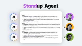 Standup
Dom:
• Yesterday: Worked on updating the Q3 APAC events page and added some
comments on the DevOps Advocacy reflection.
• Today: Planning to finalize the event marketing strategy and start drafting the
new campaign emails.
• Blockers: None at the moment!
Mark:
• Yesterday: Updated the Better Meetings Workshop issue and reflected on the H1
FY25 as a Modern Work Coach.
• Today: Focusing on the Work4.0 Podcast and preparing for the upcoming fireside
chat.
• Blockers: All clear!
Sven:
• Yesterday: Engaged in discussions about building a modern workplace and
shared insights on teamwork trends.
• Today: Preparing for the next keynote on software development trends and
aligning with the team on upcoming projects.
• Blockers: Just a minor issue with access to a specific tool, but it's being sorted
out.
Agent
AI
AI
AI
 