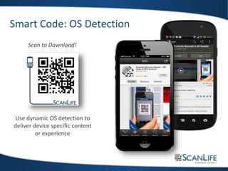 Scan to Download!
Use dynamic OS detection to
deliver device specific content
or experience
Smart Code: OS Detection
 
