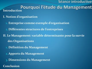 Introduction
I. Notion d’organisation
1. Entreprise comme exemple d’organisation
2. Différentes structures de l’entreprises
II. Le Management: variable déterminante pour la survie
des Organisations
1. Définition du Management
2. Apports du Management
3. Dimensions du Management
Conclusion
 