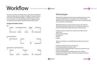 11
Methodologies
We endeavor to apply fundamental yet personalized approach to every
customer and their project. For example, we use a long-reputable
Waterfall method of software development as well as cutting-edge Agile,
Scrum and Kanban methodologies.
Waterfall development method is ideal for projects with clear task
formalization and fixed scope of work, i.e. for small and medium-size
projects. Waterfall methodology comprises the following steps:
• working out system requirements, drawing up and approving the
specification;
• design and prototyping;
• development;
• delivery;
• support.
Agile, Scrum, Kanban, etc. methodologies have their own distinctive
features:
• speeding up software system commissioning;
• minimizing development iteration cycles;
• reduced periods of feedback between market/user requirements and
functions implementation;
• iteration-based approach and adaptive production methods;
• retrospective procedures allow to fix defects promptly and enhance
productivity and quality.
The variety of projects has brought about a wide range of engagement
models, working schemes and types of workflow. At Scand we provide
each project with individual workflow – everything works in the way
most convenient to you. We are flexible and have enough experience
to implement almost any kind of workflow preferred by the client.
Examples of workflow schemes
Redesign/Re-engineering Request
Analysis Proposals Budget
Support Success Deployment QA Development
Consulting Request
Real Production Analysis Proposals
Success QA Development
RPF
Analysis Estimation & Proposal Budget Architecture
New Versions Support Success QA Development
Workflow
 