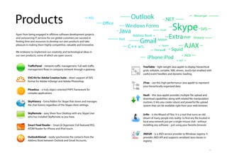 13
Apart from being engaged in offshore software development projects
and outsourcing IT services for our global customers we succeed in
finding time and resources to develop our own products and take
pleasure in making them highly competitive, valuable and innovative.
We endeavor to implement our creativity and technological ideas in
our own products, some of which are open source.
TrafficPanel – network traffic management. Full web traffic
management flows in company network through a gateway.
SVG Kit for Adobe Creative Suite – direct support of SVG
format for Adobe InDesign and Adobe Photoshop.
Phoebius – a truly object-oriented PHP5 framework for
complex applications.
SkyHistory – Extra/Addon for Skype that stores and manages
the chat history regardless of the Skype client settings.
SkyRemote – easy Share Your Desktop with any Skype User
who has installed SkyRemote as you have.
Smart Feed Reader – Smart & Organized. Full-featured RSS,
ATOM Reader for iPhone and iPod touch.
Outlook4Gmail – easily synchronize the contacts from the
Address Book between Outlook and Gmail Accounts.
TreeTable – light-weight Java applet to display hierarchical
grids: editable, sortable, XML-driven, JavaScript-enabled with
useful event handlers and dynamic loading.
JTree – use this high-performance Java applet to represent
your hierachically organized data.
Vault – this Java applet provides multiple file upload and
download capabilities along with related file manipulation
routines. It lets you create robust and powerful file upload
system that can be available right from your web browser.
Urfin – is the Wizard of Filez. It is a tool that turns an old
dream of many people into reality: to find any file located in
local area network just per a single mouse click - without
installing any software – just using your favorite browser.
JNDI2R – is a JNDI service provider to Windows registry. It
provides JNDI API and supports serialized Java classes in
registry.
Products
 