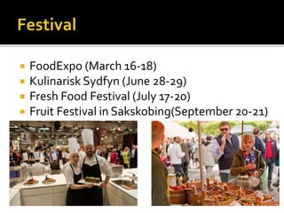  FoodExpo (March 16-18)
 Kulinarisk Sydfyn (June 28-29)
 Fresh Food Festival (July 17-20)
 Fruit Festival in Sakskobing(September 20-21)
 