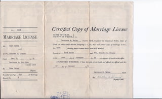 N0.                  .9Q9.~L                   _                           Ce'rtijiedCopy oflMarriage License
                                                                                                     STATE  OF UTAH,                    }
    MARRIAGE LICENSE                                                                                 COUNTY   OF WEBER,                     ss.

                                                                                                          1,       Lawrence M. Malan                ,COUl1ty      'Clerk, in andjor               the County oj Weber,                       State   oj


    Mr.   ...
                      Kent
                --- --_.--------_.   Smith
                                      __ .-----.---------_.-.---    ..   -- ..-----------.-- -- ..
                                                                                                     Utah, do hereby certify that the foregoing is a             .Jr", true        and correct copy oj marriage                               license,

                                                                                                     N.0. 9098             ,   s hotoi parties name d t h.'
                                                                                                                                  owtng      .           erert were d u ! marne.d .
                                                                                                                                                                        y
                                                 with
                                                                                                                                                                  I
                                                                                                                                                                  ,
M ~~_~ ~J:~!l_C?_0:~_~ Q_~~g.lm
                 __~                                                                            _    Issued to..    . ~~!_?__~_ ~~?
                                                                                                                             _~                                   '~-and---~~ .•--!?-~?:~~~~---~~---0:-~~-----------------
                                                                                                                                                                               -                                                                         _
                                                                                                                                                                  1
-Filed                     ~~_~ __ ?
                                 }                                        ,    I 9--}4-------
                                                                                                     on the        .?:?~~                                      L, I9---2}--------,
                                                                                                                                  day of----~~-<?-~-~!?~~------------                        as appears oj record in this office.

-                    ~~~~~~~                    ~!'     .Y.~_!!_ l!y~~ .                        _        IN WITNESS       WHEREOF,                  I have heretnto set my hand and affixed my official seal thiJ
                                                                   County Clerk                                 .                                               r
                                                                                                        18      d ay 0 January
                                                                                                                      if
                                                                                                     ____________________                                , IQ 51'
                                                                                                                                                                ,     •
By                   ~           __.~0:~y.
                                  f                                                         --:--
     -                                                                          Dep.uty
                                                                                                                                                                            Lawrence M. Malan
                                                                                                                                                                        ------------------------------------------------------------------
                                                                                                                                                                                                                                                Clerk
Recorrfed on Page                                   .9..4Q                    oj Marriage

Record No.                                      ~                  ,-------.                                                                                            BY---,r~~J=k--


                                         >ii
                                                                                                                    'l~ -l"~-.
                                                                                                                            
                                                                                                                          ,
 