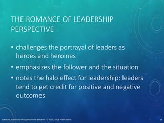 THE ROMANCE OF LEADERSHIP
PERSPECTIVE
• challenges the portrayal of leaders as
heroes and heroines
• emphasizes the follower and the situation
• notes the halo effect for leadership: leaders
tend to get credit for positive and negative
outcomes
Scandura, Essentials of Organizational Behavior. © 2016, SAGE Publications. 19
 