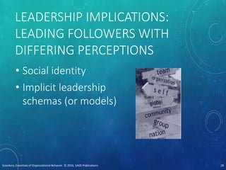 LEADERSHIP IMPLICATIONS:
LEADING FOLLOWERS WITH
DIFFERING PERCEPTIONS
• Social identity
• Implicit leadership
schemas (or models)
Scandura, Essentials of Organizational Behavior. © 2016, SAGE Publications. 28
 
