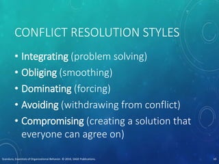 CONFLICT RESOLUTION STYLES
• Integrating (problem solving)
• Obliging (smoothing)
• Dominating (forcing)
• Avoiding (withdrawing from conflict)
• Compromising (creating a solution that
everyone can agree on)
Scandura, Essentials of Organizational Behavior. © 2016, SAGE Publications. 10
 