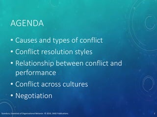 AGENDA
• Causes and types of conflict
• Conflict resolution styles
• Relationship between conflict and
performance
• Conflict across cultures
• Negotiation
Scandura, Essentials of Organizational Behavior. © 2016, SAGE Publications. 2
 