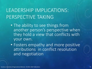 LEADERSHIP IMPLICATIONS:
PERSPECTIVE TAKING
• The ability to see things from
another person’s perspective when
they hold a view that conflicts with
your own.
• Fosters empathy and more positive
attributions in conflict resolution
and negotiation
Scandura, Essentials of Organizational Behavior. © 2016, SAGE Publications. 26
 